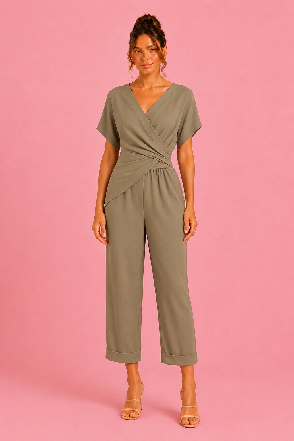 Full Size Twist-Front V-Neck Top and Pants Set Plus Size
