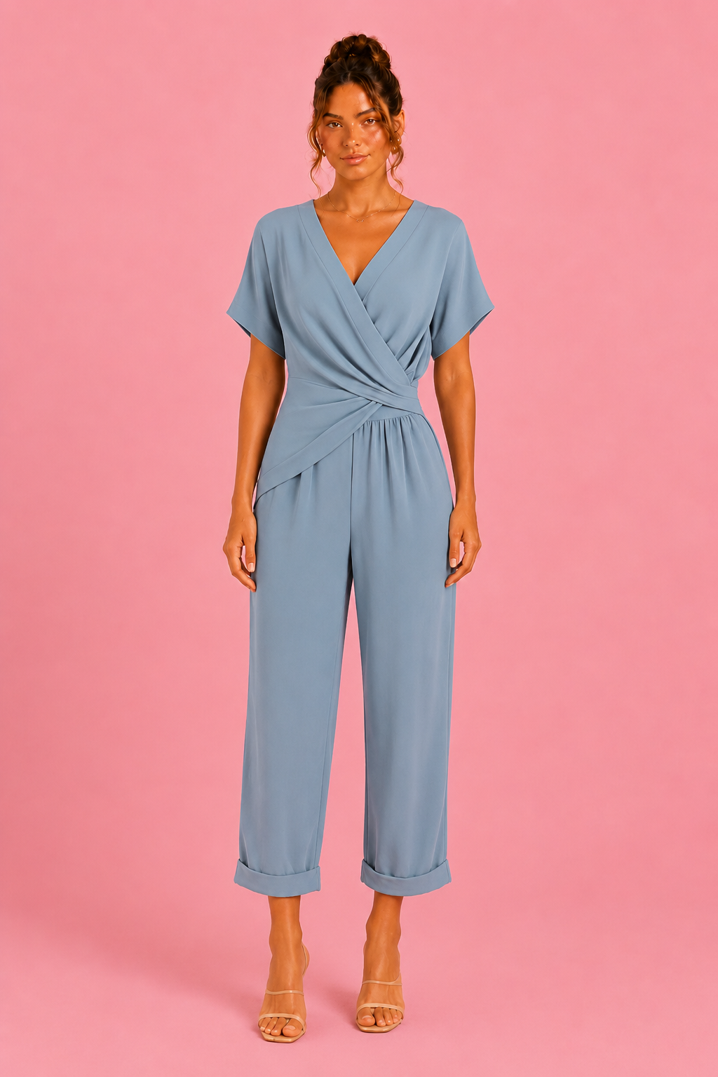 Full Size Twist-Front V-Neck Top and Pants Set Plus Size